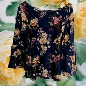 C Large 3/4 bell ruffle sleeve navy multi color floral polyester woman's blouse
